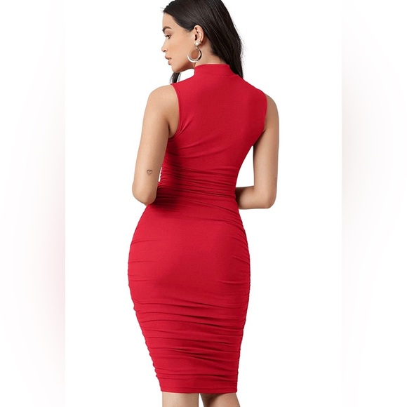 Women's Solid Mock Neck Sleeveless Ruched Bodycon Dress in red - Picture 3 of 9